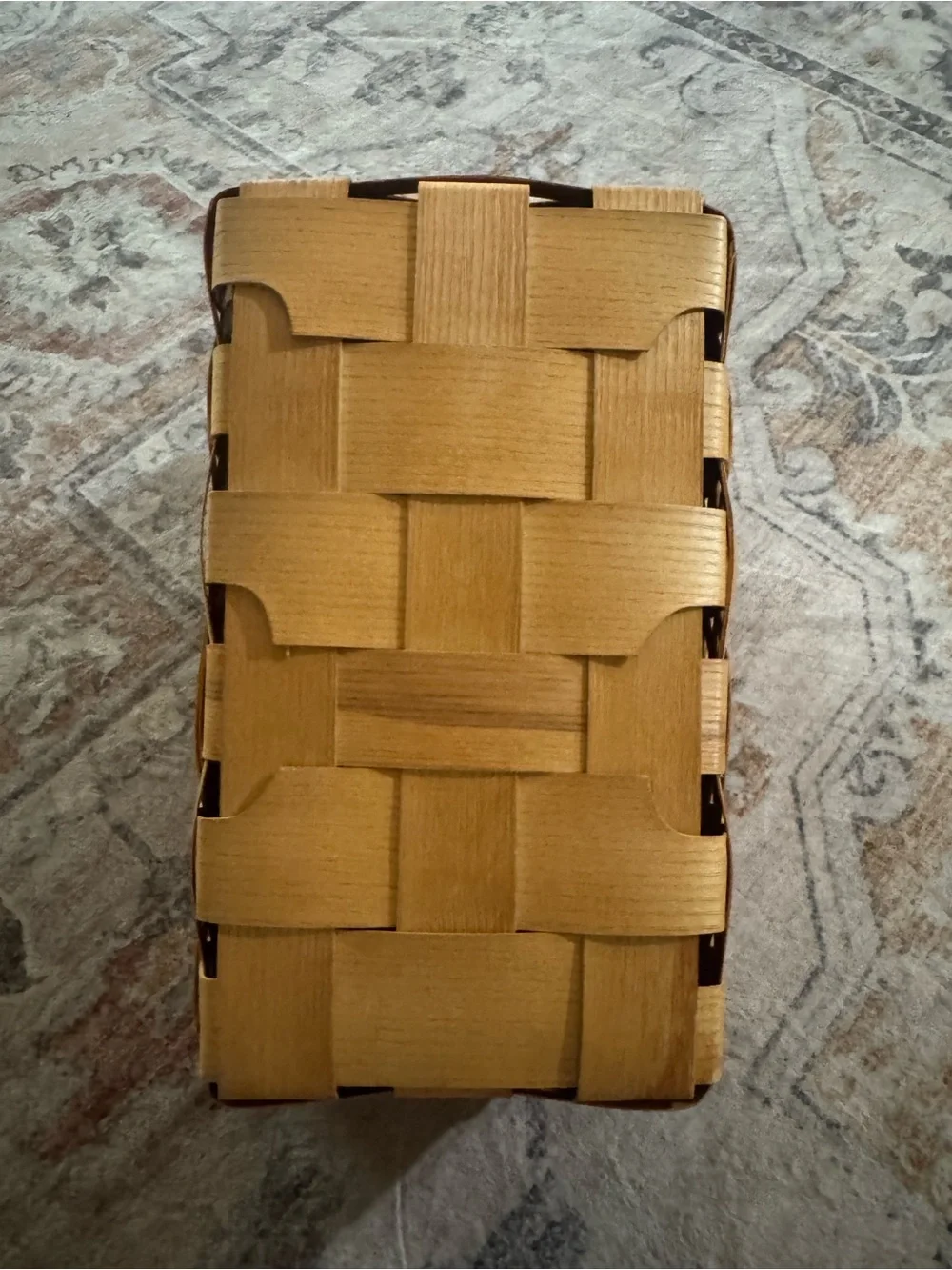 Handwoven Tan Wood Storage Basket with Hinged Lid